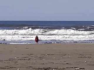 Christine's transparent sundress and her walk on public beach