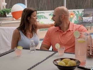 Bald-headed man romps sex addict milf by the pool