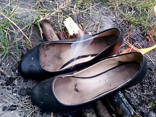 Housewife searing her aged flats and tights and me stomp on ashes.
