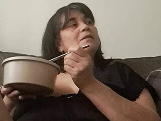 Stepmother having lunch and stepson asks to see more of what he likes about her