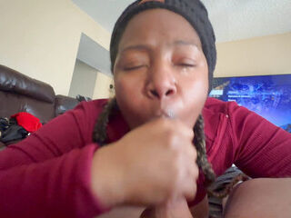 Ebony sucking BWC till it cums on her face after she makes sure it taste like her first!