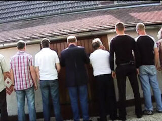 Nasty French blonde gets DPed and facialized in outdoor gangbang