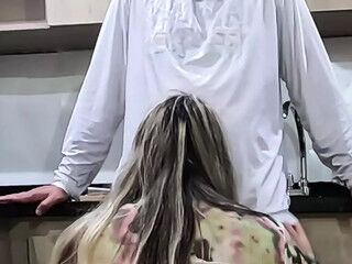 Quick with the mother-in-law milf hot in the kitchen ends up with her pussy full of cum. My wife almost saw us. Real Landlord