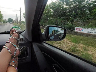 Horny amateur stepmom with sexy legs in heels in the car with her stepson in the morning